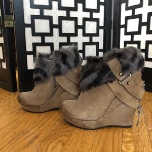 Luxury Rebel Taupe Leather Booties with Faux Fur
